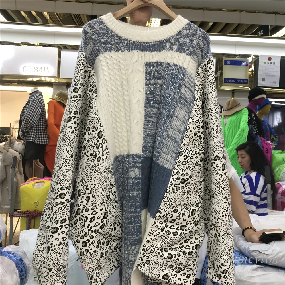 

Plus Size Rhinestone Sweater Stitching Leather Sleeve 2020 Autumn and Winter New Korean Women's Thickened Long Pullover Coat