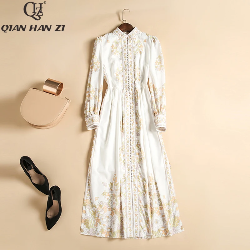 

Qian Han Zi spring summer fashion long dress Women long sleeve Flower Printed Buttoned Belt Slim elegant High Split Maxi Dress