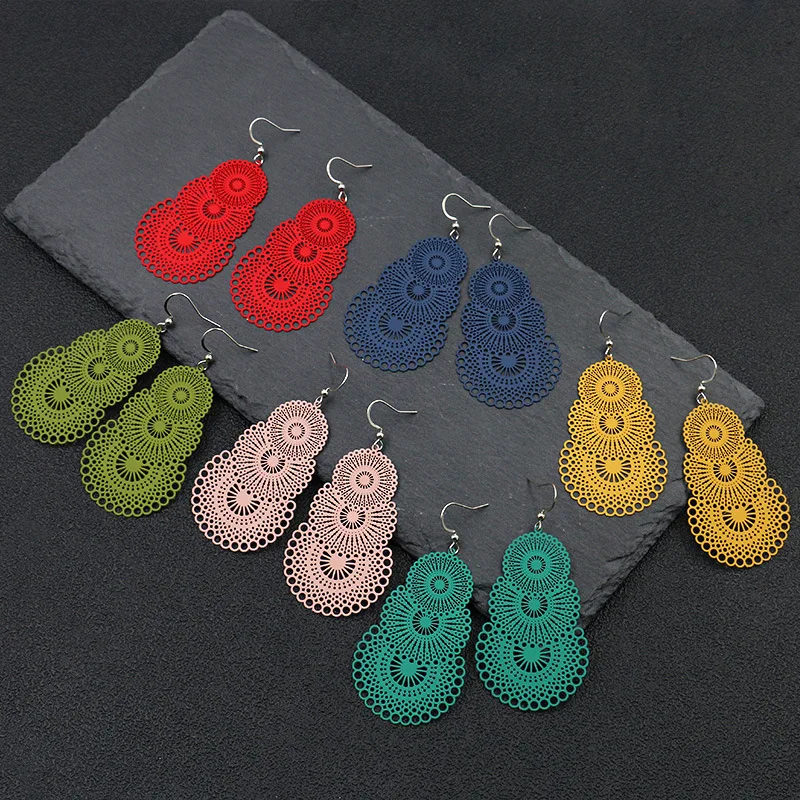 

2019 New Ethnic Colorful Multi-layer Computer Slice Drop Earrings Hollow Flower Candy Color Geometric Charm Earrings For Women