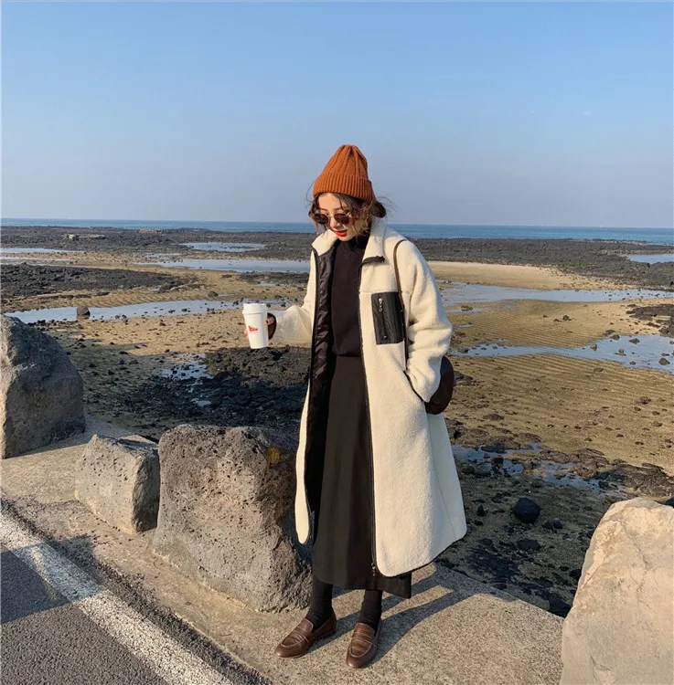 [Rocu Initial] Новое Стильное плотное теплое пальто из овечьей шерсти двустороннее длинное хлопковое пальто 7045