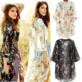 

Women Ladies Floral Beach Cover Up Chiffon Loose Shawl Kimono Cardigan Top 2020 Summer Woman Long Sleeve Floral Print Blouse