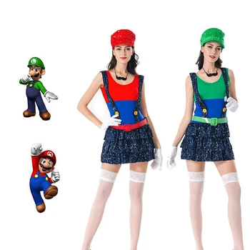 

Super Mario Bros Luigi Mario Women's Edition Black sequin skirt cosplay costumes Halloween Masquerade carnival party clothing