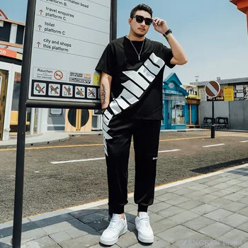 

Large size suit men's summer plus fat increase trend trend fat man loose sports short-sleeved T-shirt long pants 130kg6x5x