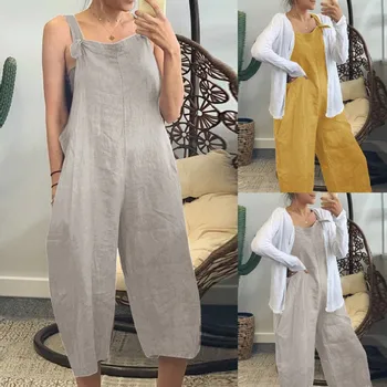 

Women Casual Linen Sleeveless Jumpsuit Soild Loose Sling Vest Playsuit Pocket Jumsuit Mono Verano Mujer Jumpsuit
