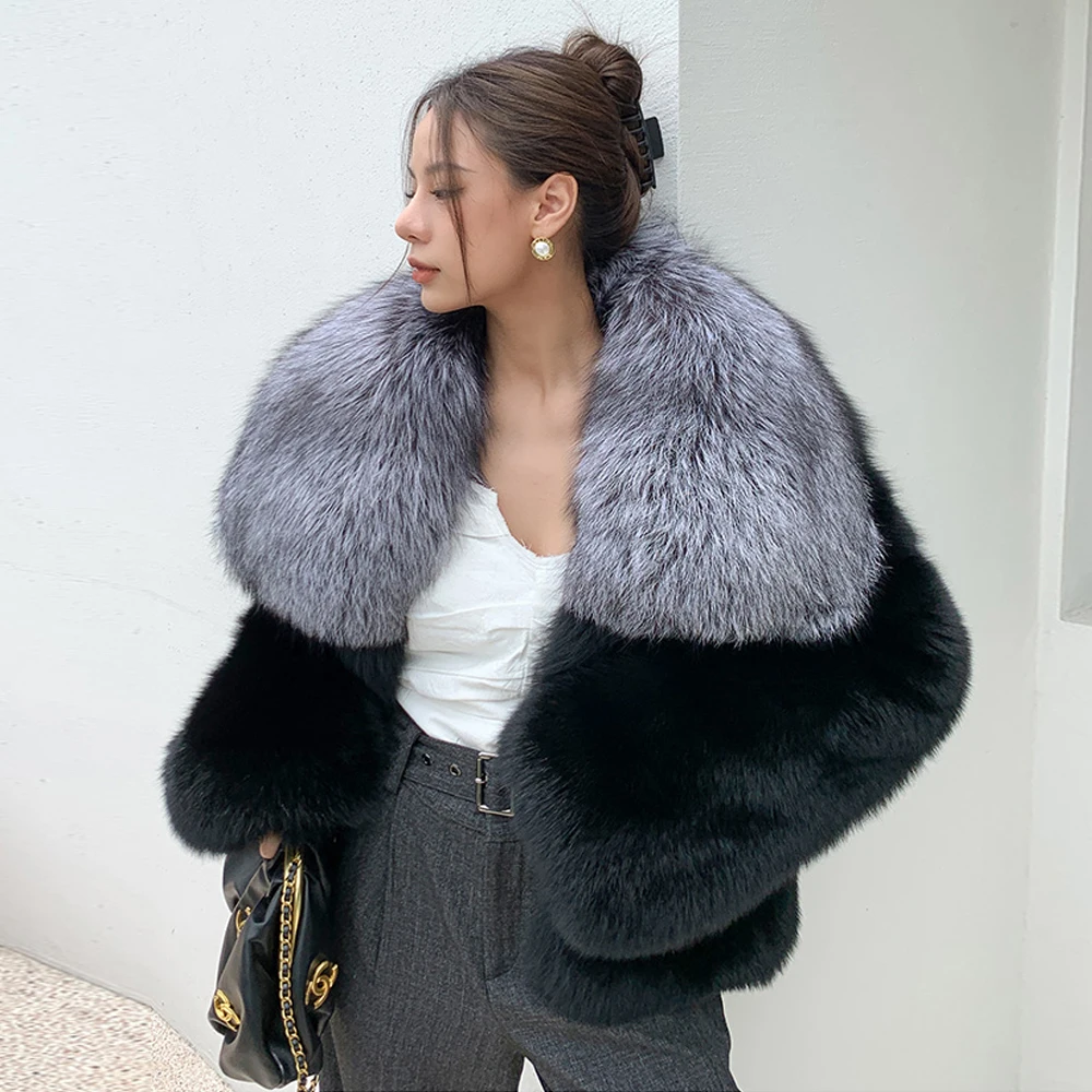 Женская меховая куртка с воротником с лацканами, модная зимняя куртка из цельного лисьего меха с воротником из цельного меха