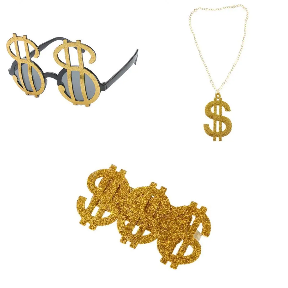 3 Pieces Glitter US Dollar Signs Ring Necklace Glasses 80s Rapper Big Daddy