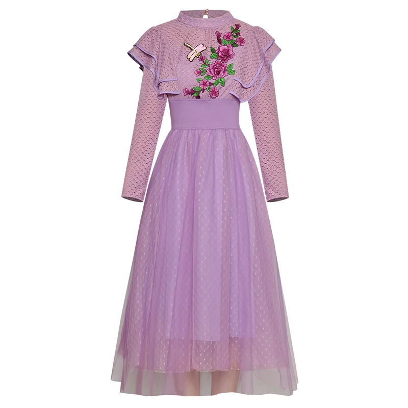 

VERDEJULIAY Runway Lace Dress 2020 Fashion Full Sleeve Luxury Sequined Beading Diamonds Flower Embroidery Cloak Purple Dress