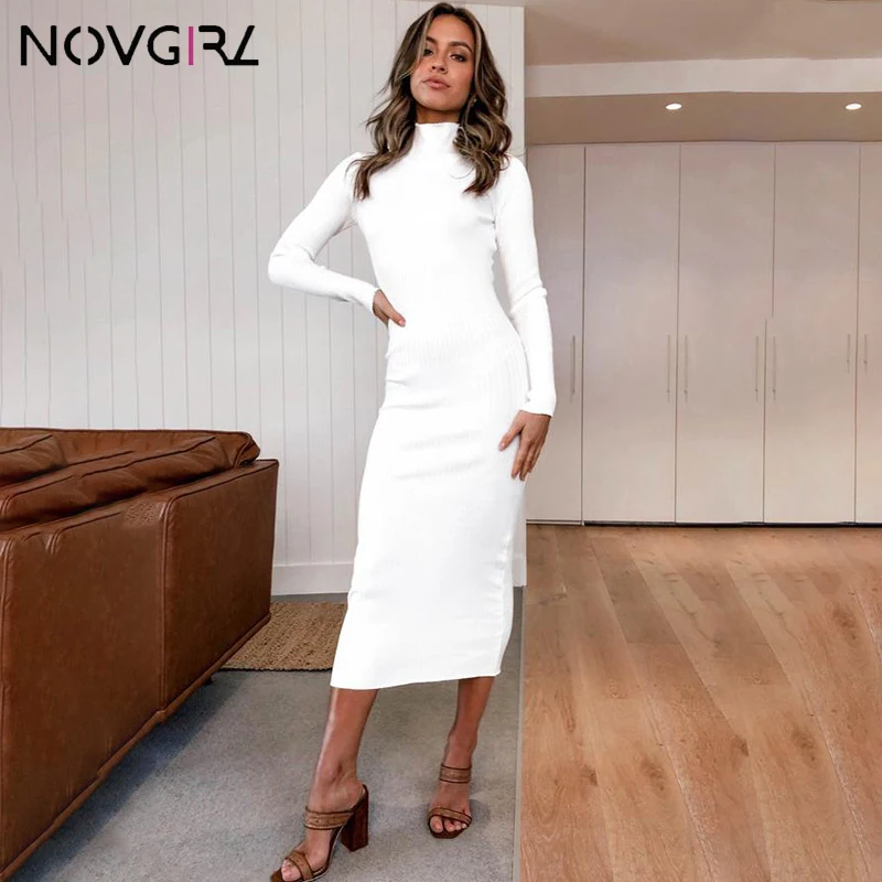 Novgirl/облегающее платье в рубчик с высоким воротом; ropa mujer; зимнее платье-свитер с длинными рукавами; женские вечерние белые платья Sukienki Vestidos
