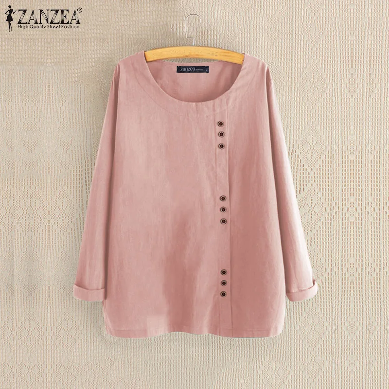 ZANZEA женская блузка рубашка Осенняя мода Blusas Женская рабочая туника для офиса Топы Твердые o-образным вырезом пуговицы хлопок сорочка Mujer