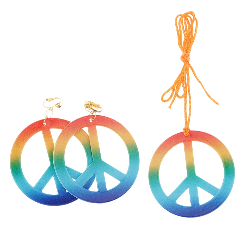 Retro Peace Sign Earrings Necklace Jewelry Set 1960's Party Fancy Costumes