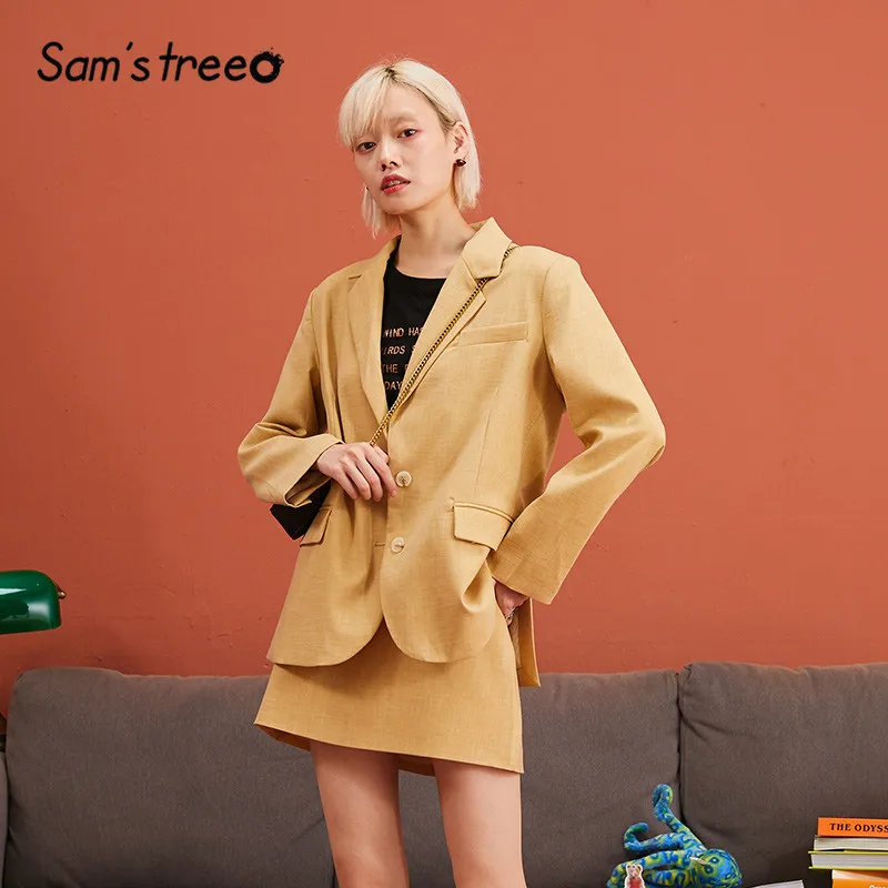 SAM'S TREE/многоцветный однотонный блейзер в минималистическом стиле, комплект из двух предметов для женщин,, зимняя однотонная однобортная повседневная женская одежда