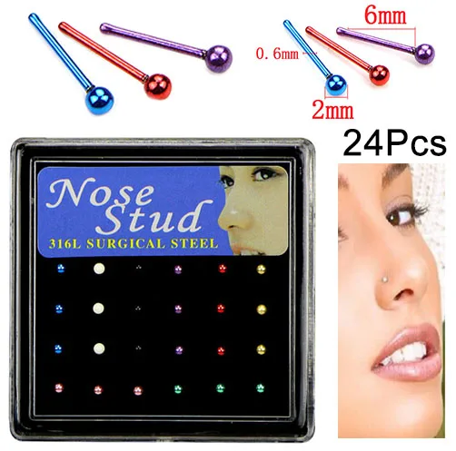24Pcs/Set Mix Multicolor Nose Ring Bone Stud Surgical Steel Piercing Jewelry 2 Sizes