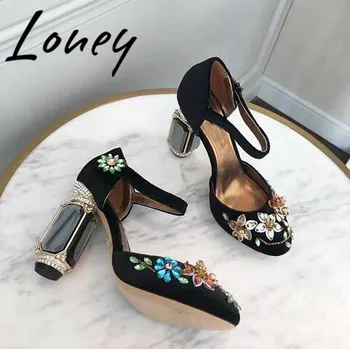 

Ollymurs Velvet Crystal Jewel Beading HIgh Heel Pumps Crystal Heel Mary Jane Pumps Shoes Ladies