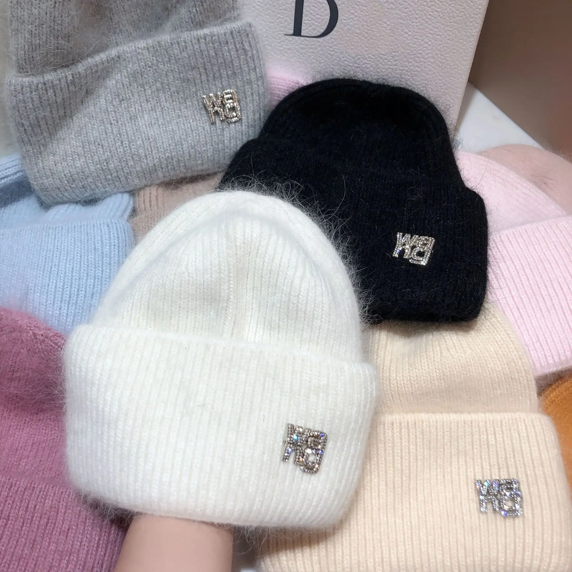 Real Rabbit Fur Diamonds Letter Beanies Hats For Women Winter Warm Knitted  Hat Famous Brand Lady Casual Bonnet Skiing Cap