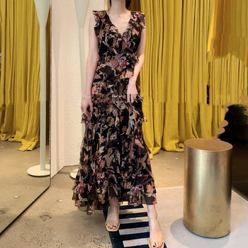 

2020 summer long dress woman v neck floral dresses runway
