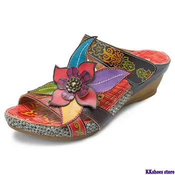 

Genuine Leather Slippers Women Shoes Bohemian Handmade Flower Slide Slippers Wedge Heels Summer Shoes Woman Retro Sandals