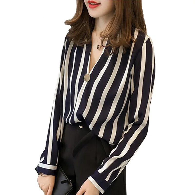 

V-neck Long Sleeve Autumn New Leisure Loose Size Top Stripe Chiffon Shirt