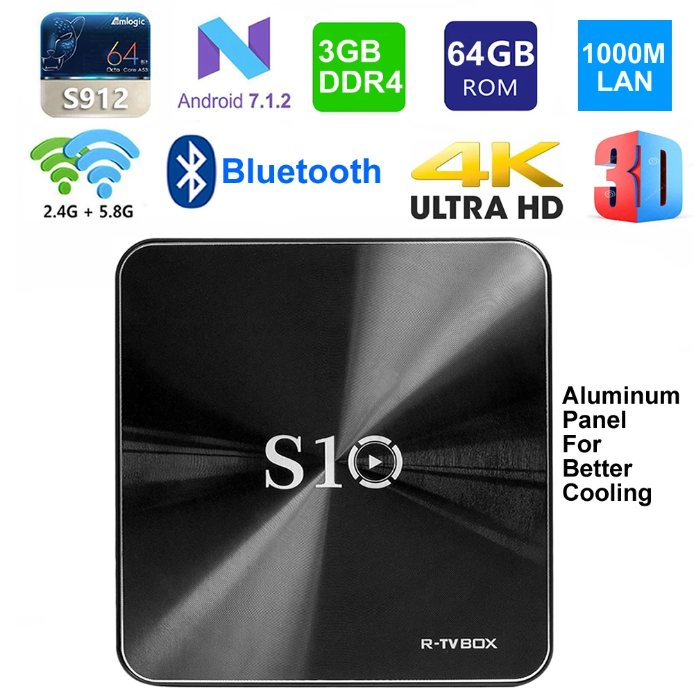 R-TV BOX S10 Smart TV Box S912 Восьмиядерный DDR4 3G Ram 64G ROM 2 4G/5G Dual WIFI 4K 3D H.265 1000M Lan Ethernet BT 4 1 Android 7 |