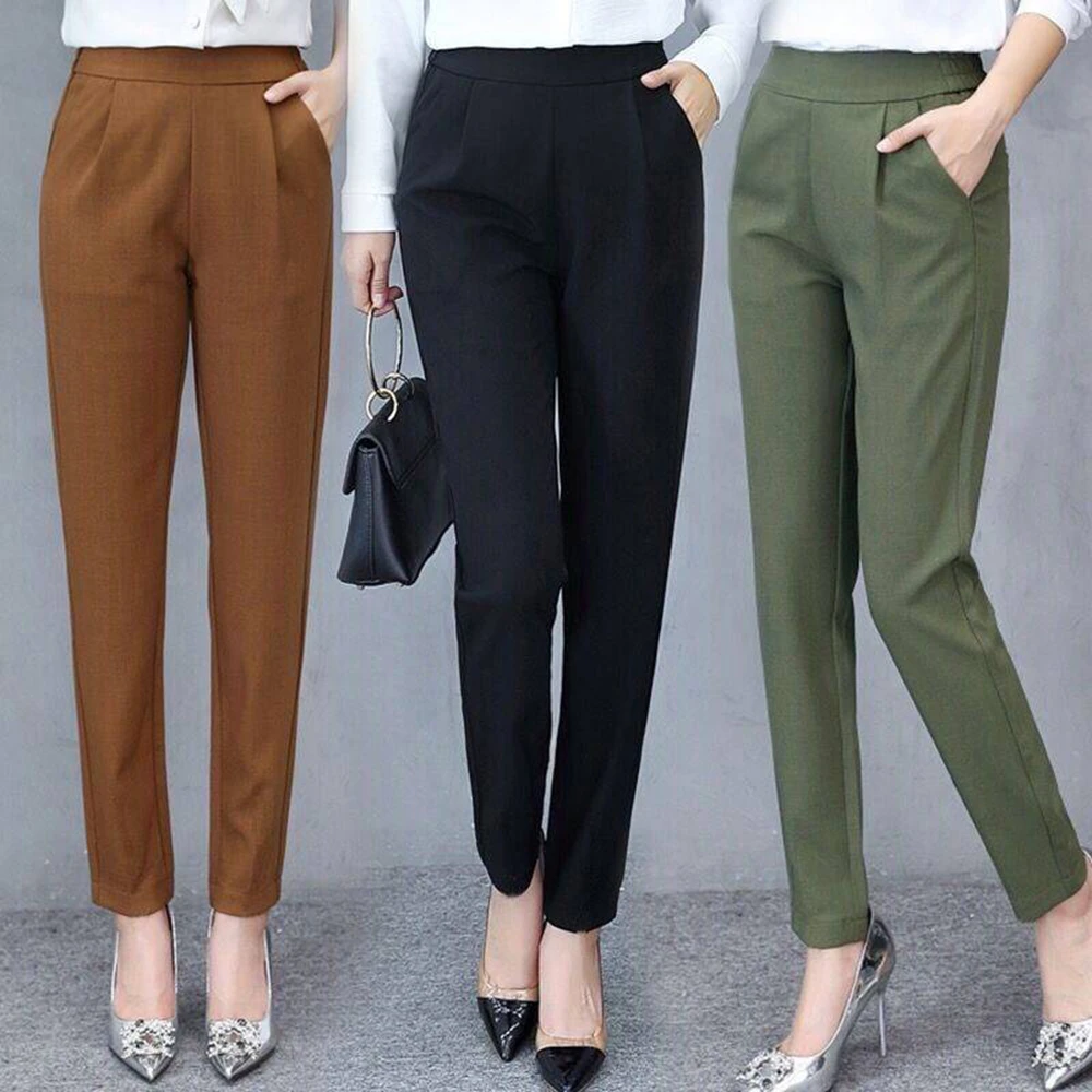 largos con cintura elástica para mujer, pantalones casuales de moda, sólidos, de talla grande, para mujer, para correr, Pantalón ajustado tipo negro|Pantalones y pantalones capri| - AliExpress