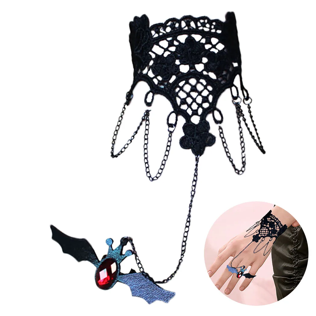 

Bracelet With Finger Ring Bat Lace Steampunk Slave Wristband For Halloween Clothing Accessories