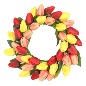 

Artificial Tulip Flower Wreath, Colorful Silk Tulips Front Door Wreath With Green Leaves Decor For Home Wall Wedding