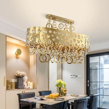 

Distinguished Gold Rectangular Hollow Stainless Base Led Crystal Chandelier Lighting Hanging Lamp for living room dining room