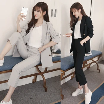 

2020 Womens Tops and Blouses Blazer Set Office Lady Suit Pure Color Full Sleeve Thick Warm 2 Pieces Sets Cropped pants