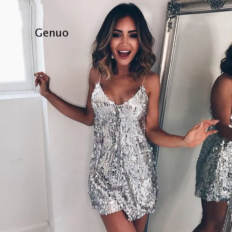 

Deep V Neck Autumn Silver Sequined Backless Sexy Dress Women Off Shoulder Mini Dress Christmas Party Club Strap Dresses Vestidos