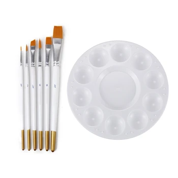 

7 Pcs Art Supplies: 1 Pcs White 11-Well Round Paint Palettes Artist Pallette & 6 Pcs Watercolor Oil Paint Brush