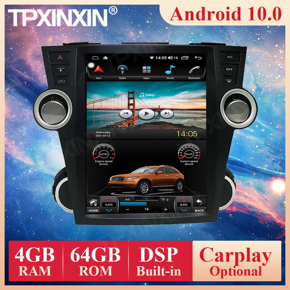 Tesla Style Android 10 0 для Toyota Highlander 2008-2014 автомобильное радио мультимедийный