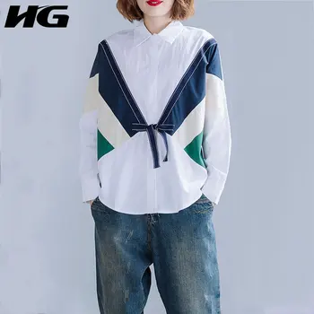 

HG Splice Contrast Color Bow Blouse Women Loose Plus Size Shirt Literary Leisure Womens Tops and Blouses Autumn Tops ZYQ2019