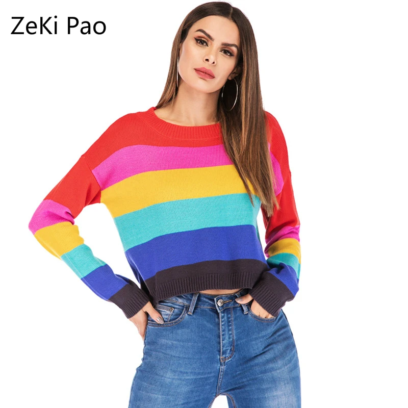 

Rainbow Colorful Striped Printing Ladies Casual Sweater Spring and Autumn Fashion Sexy Round Neck Sweater Loose Sweater Pullover