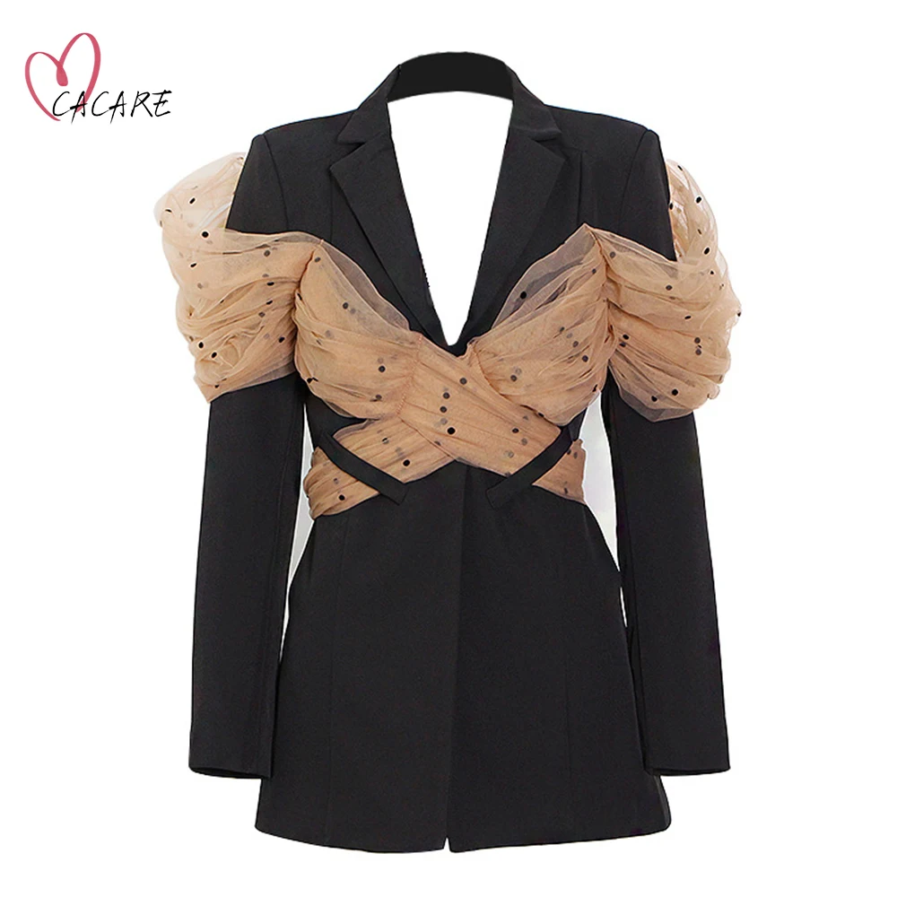 

Blazer Long Women Ladies Suit Black 2021 Autumn New Blaser with Mesh Decor. Korean Style Jacket Blazers Femme F0998 CACARE