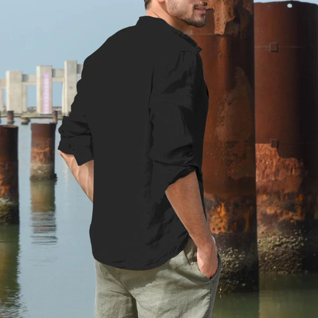 Мужская мешковатая льняная рубашка с длинным рукавом VogueShirts Camisa Fe Мужская рубашка на пуговицах с карманом и стоячим воротником Топы