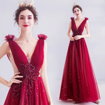

Burgundy Vestido De Noche Con Cristal A-Line V-Neck Crystal Ruched Pleat Sweep Train Formal Dress Women Elegant Evening Gowns