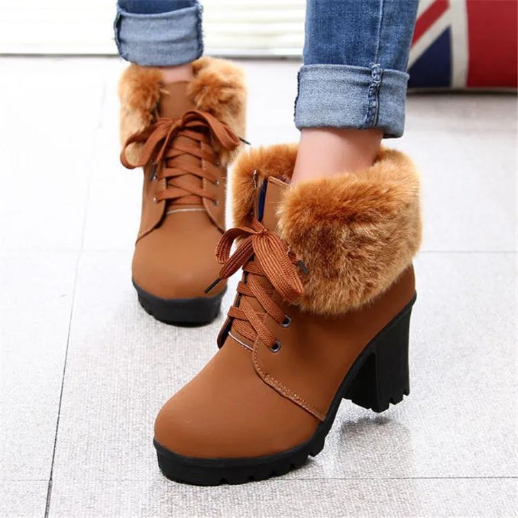 

2018 Autumn And Winter Korean-style New Style High-Heel Lace-up Women's Boots Ankle Boots Chunky Heel Martin Boots Furry Snow Bo