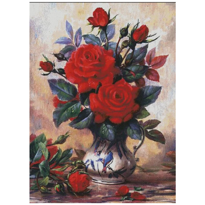 

Red rose vase cross stitch package big bloom 18ct 14ct 11ct cloth cotton thread embroidery DIY handmade needlework