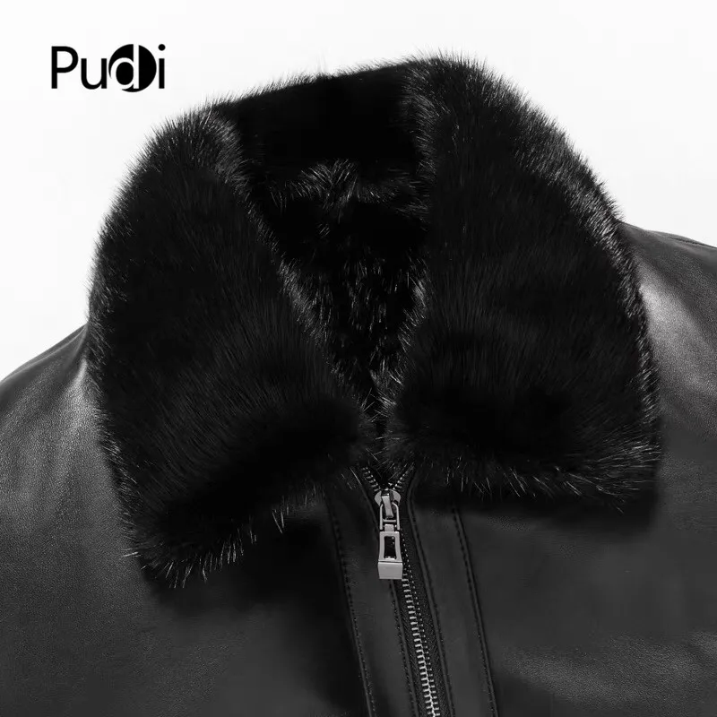 Мужская теплая куртка Pudi MT916 из натуральной овечьей кожи с ворсом внутри зимняя