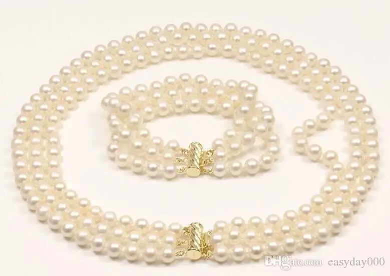 

Fine Pearls Jewelry SET 3 ROW 18" 9MM GENUINE NATURAL WHITE PEARL NECKLACE BRACELET 14K GOLD CLASP