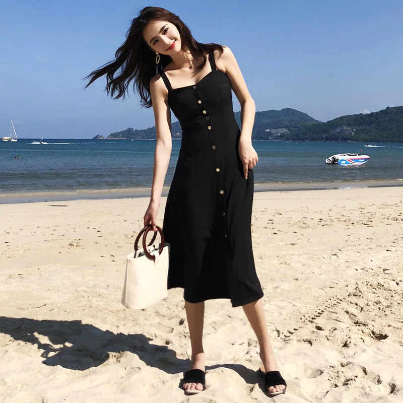 

2018 WOMEN'S Dress New Style Seaside Holiday Camisole Fashionable Elegant A- line Big Hemline Hepburn Mid-length Dress