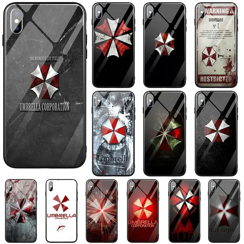 

Hard Tempered Glass Cover Mobile Phone Cases for iPhone X XR XS Max 8 7 6 6S Plus Bags Umbrella Corporation Theme Resident Evil