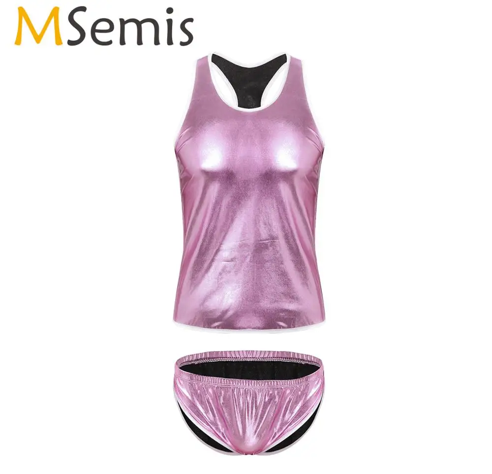 Купальник MSemis мужское блестящее металлическое нижнее белье Sissy комплект с топом