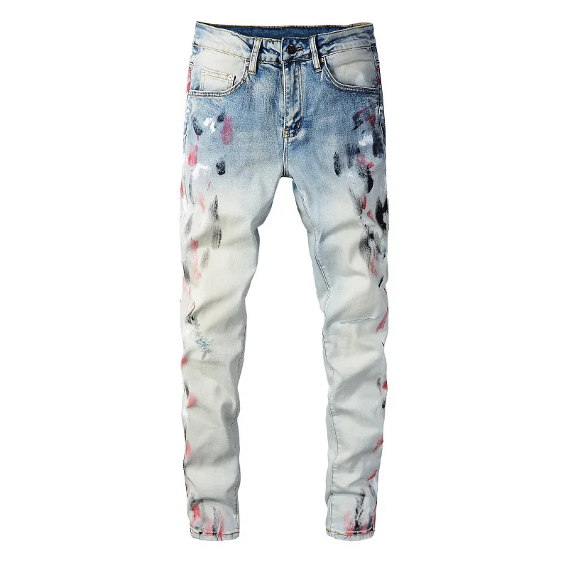 Men Painted Ripped Jeans Streetwear 
