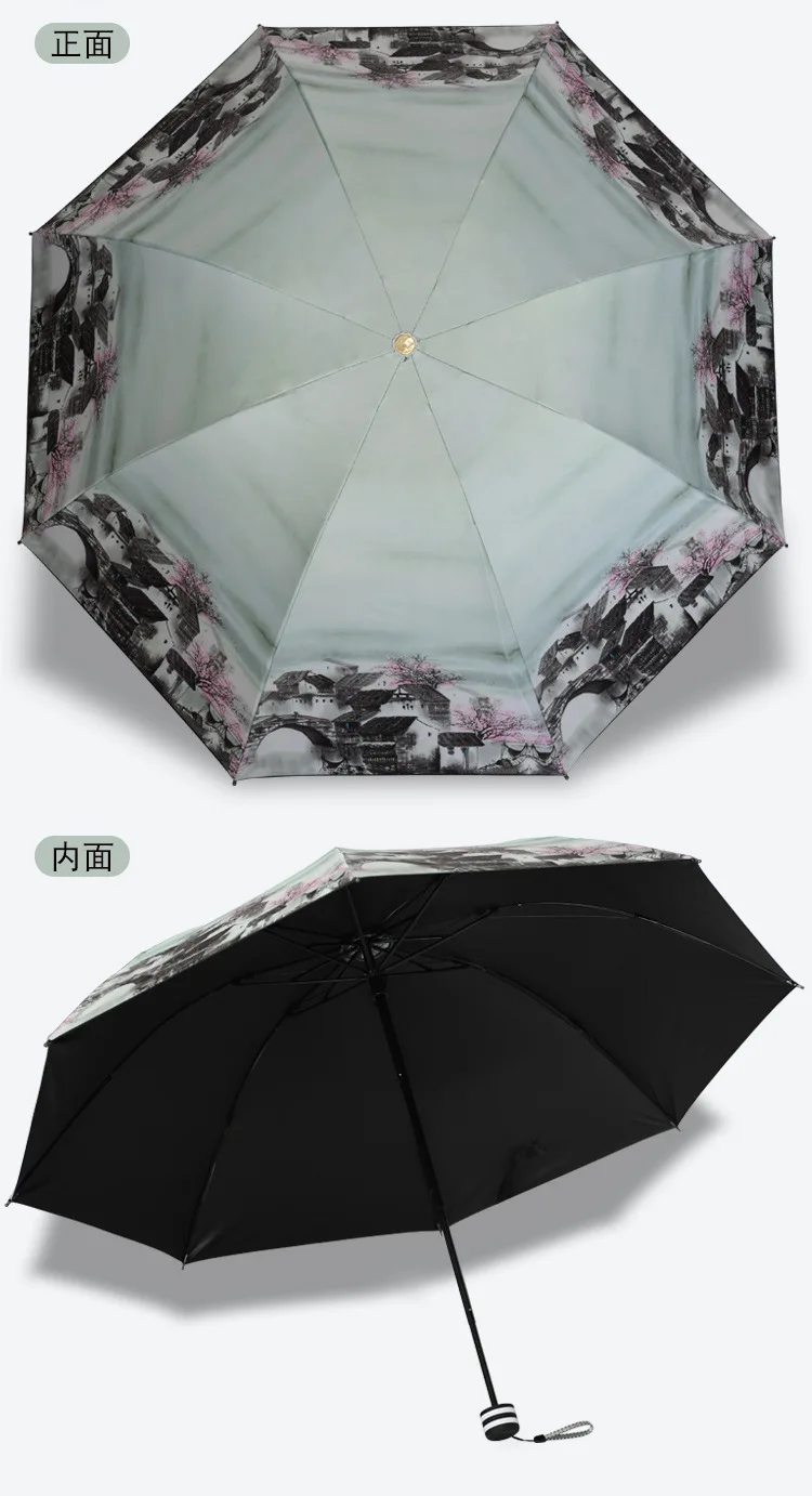 Currently Available Chinese-style Ink Painting Umbrella Sun-resistant Vinyl Rain Or Shine Dual Purpose Umbrella Women's Three-fo