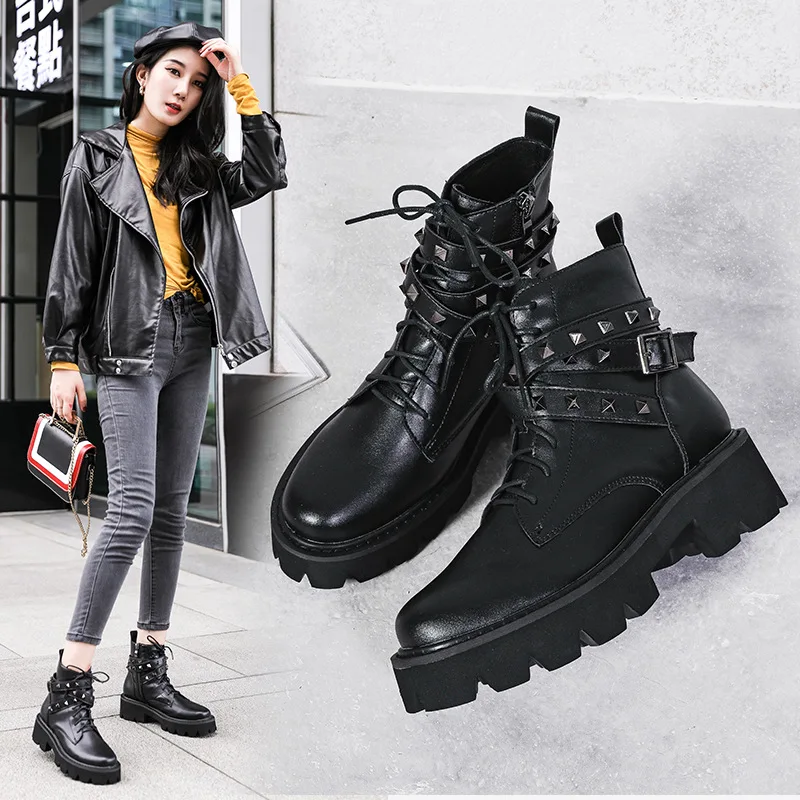 

Round Toe Riding Boots Booties Ladies Women's Rubber Shoes Rain Rivets Zipper Luxury Designer Bootee Woman 2019 Chunky Heel
