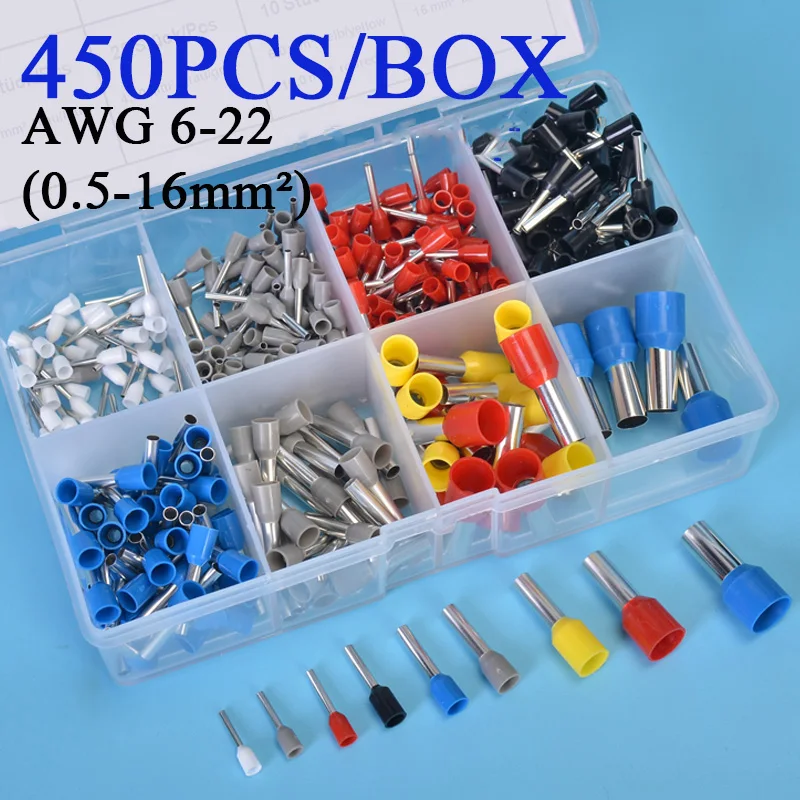 

450PCS/BOX E Type Cold Terminal Block Tube Strip Insulated Electrical Terminales Spade Connector Kit AWG22-5 Tin Plated Joint