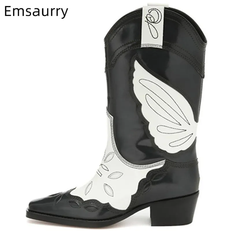 

Chic Wings Pattern Boots Woman Square Toe Med Square Heel Mid-Calf Shopping Bottes 2020 Autumn Hot Sell Multy Colors Boots Woman