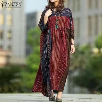 

Bohemian Polka Dot Printed Dress Women Long Sleeve Loose Sundress ZANZEA Vintage Patchwork Party Vestido Kaftan Robe Dresses