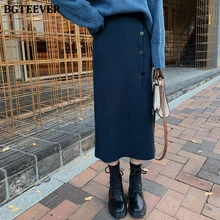 BGTEEVER темно-синие утолщенные эластичные женские юбки с высокой талией мягкие теплые прямые вязаные длинные женские юбки на пуговицах