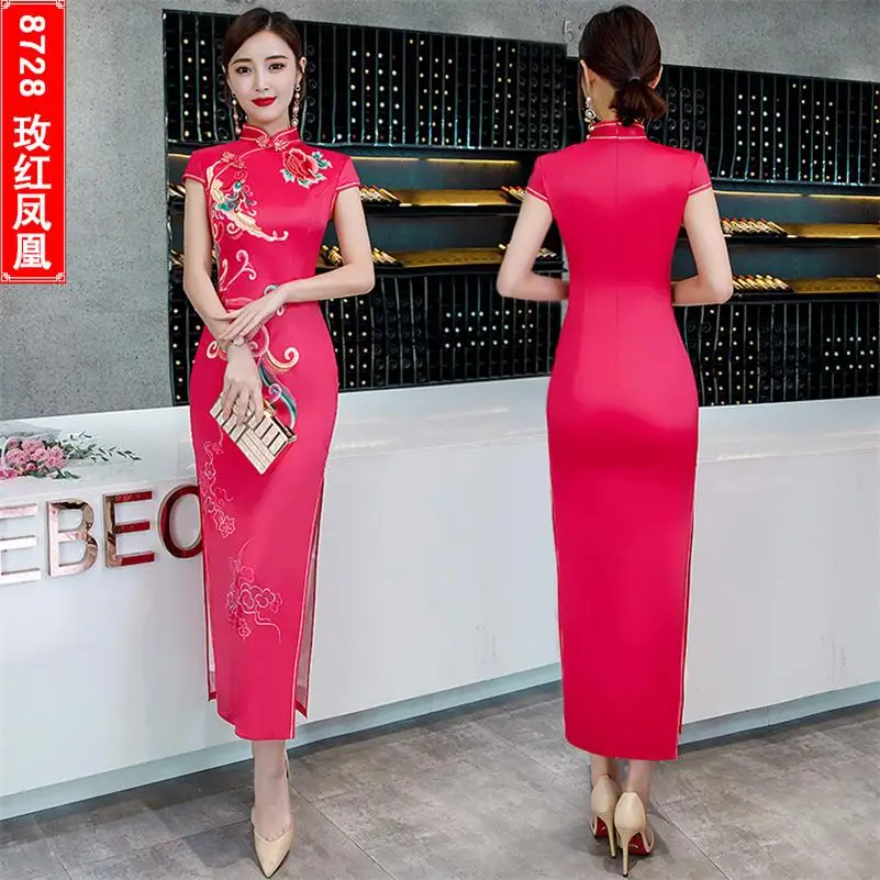 New Elegant Retro Dressing Gown Women Chinese Tradition Dress Qipao Printing Cheongsam Plus Size S-4XL - Цвет: rose red